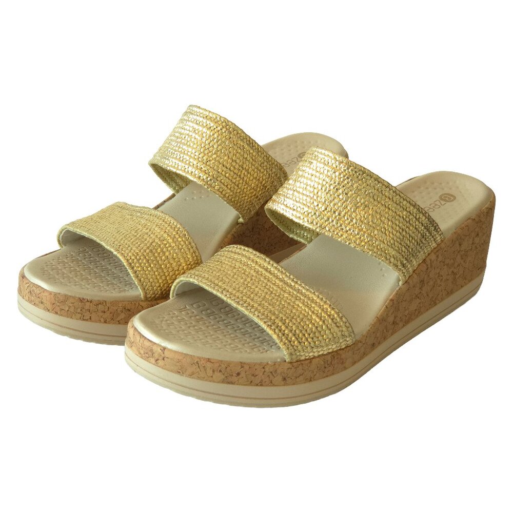 BZEES Resort Wedge Sandals - Gold Fabric (Size 8M)